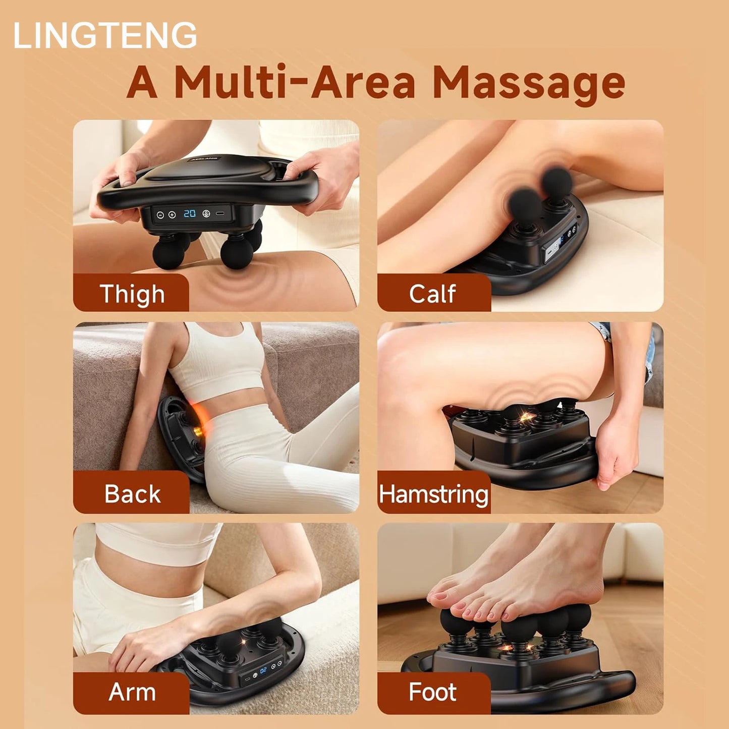 LINGTENGDeep Tissue Massage Gun with 6-Head Muscle Massager, Back Pain Relief Massager, Percussion Massage Tool Handheld Massager, 9 Levels 4 Modes, Christmas Gift, Adult Birthday Gift, Father's Day Gift