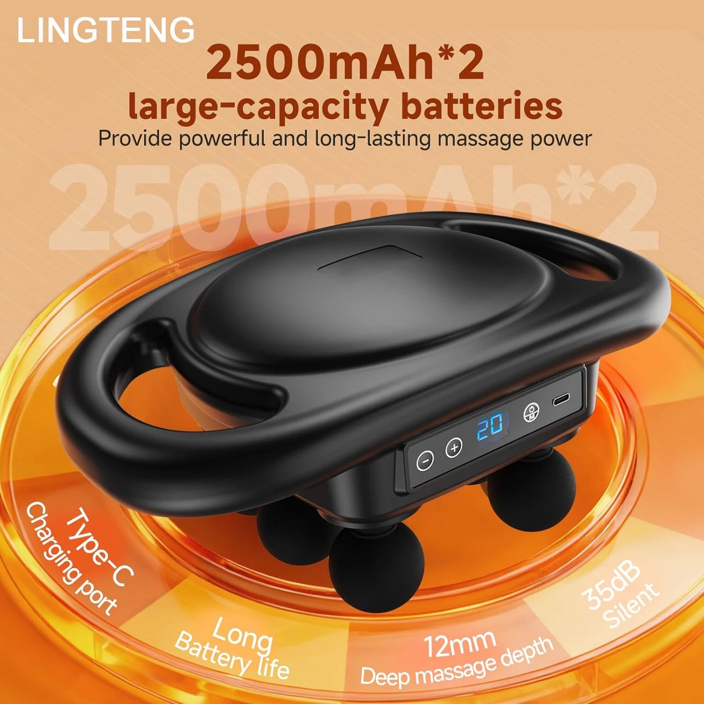 LINGTENGDeep Tissue Massage Gun with 6-Head Muscle Massager, Back Pain Relief Massager, Percussion Massage Tool Handheld Massager, 9 Levels 4 Modes, Christmas Gift, Adult Birthday Gift, Father's Day Gift
