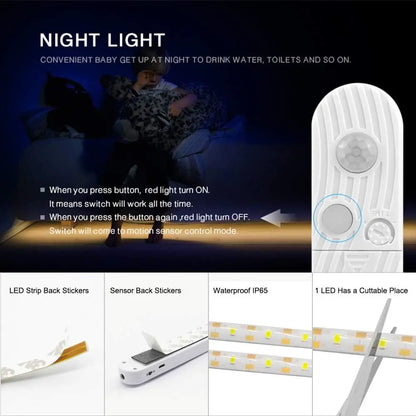5M Battery Led Strip with PIR Motion Sensor Induction Night Light Tape Under Cabinet Light for Room Wardrobe Indoor Lighting